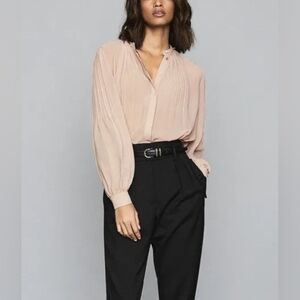 Reiss Blush Pink Handen Pleated Semi Sheer Button Up Blouse Size 2
